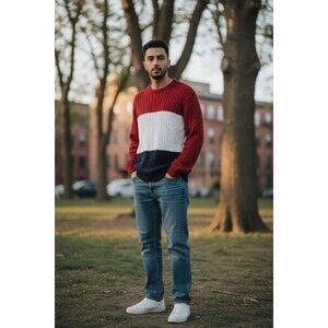 Izod Cable Knit Red, White, & Blue 100% Cotton Sweater  XL